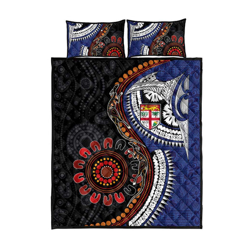 Fiji and Australia Together Quilt Bed Set Kangaroo Aboriginal with Tribal Tapa Hibiscus Half Style - Aussie Hoodie