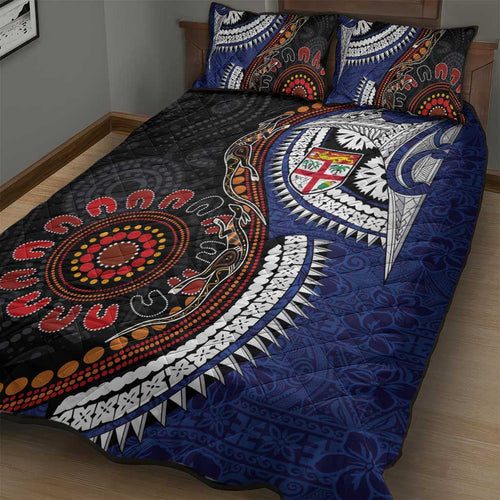 Fiji and Australia Together Quilt Bed Set Kangaroo Aboriginal with Tribal Tapa Hibiscus Half Style - Aussie Hoodie