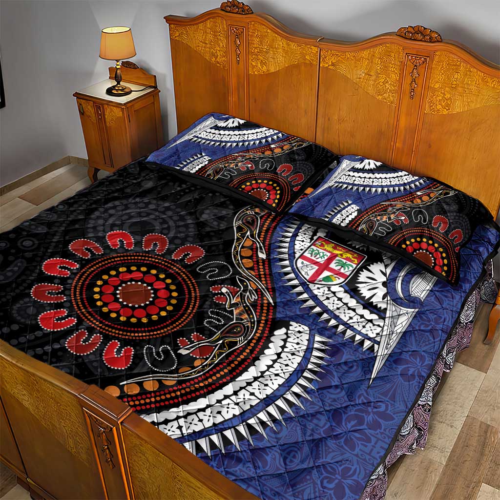 Fiji and Australia Together Quilt Bed Set Kangaroo Aboriginal with Tribal Tapa Hibiscus Half Style - Aussie Hoodie