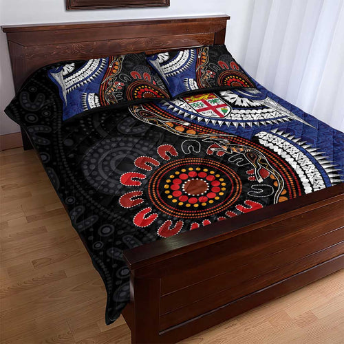 Fiji and Australia Together Quilt Bed Set Kangaroo Aboriginal with Tribal Tapa Hibiscus Half Style - Aussie Hoodie
