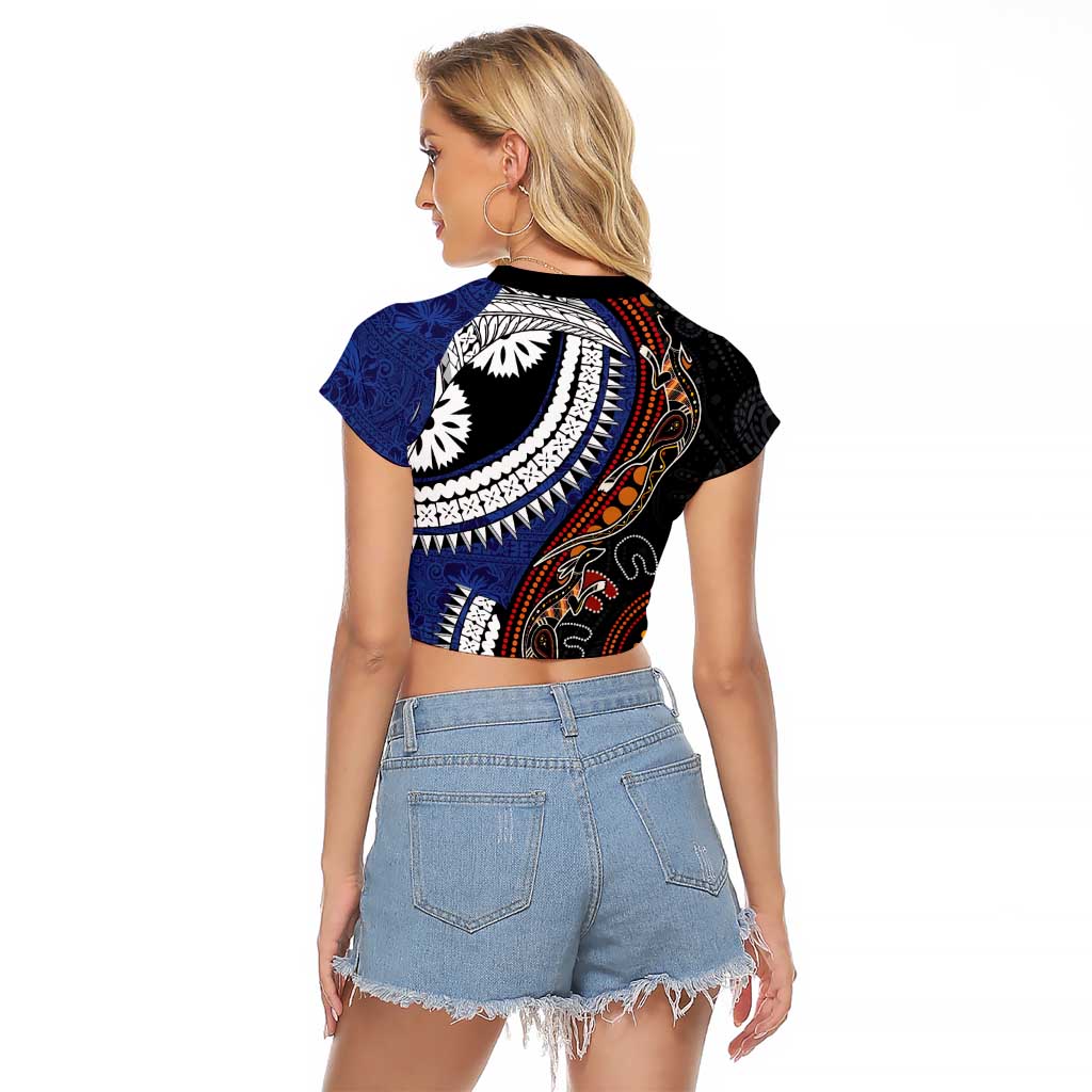 Fiji and Australia Together Raglan Cropped T Shirt Kangaroo Aboriginal with Tribal Tapa Hibiscus Half Style - Aussie Hoodie
