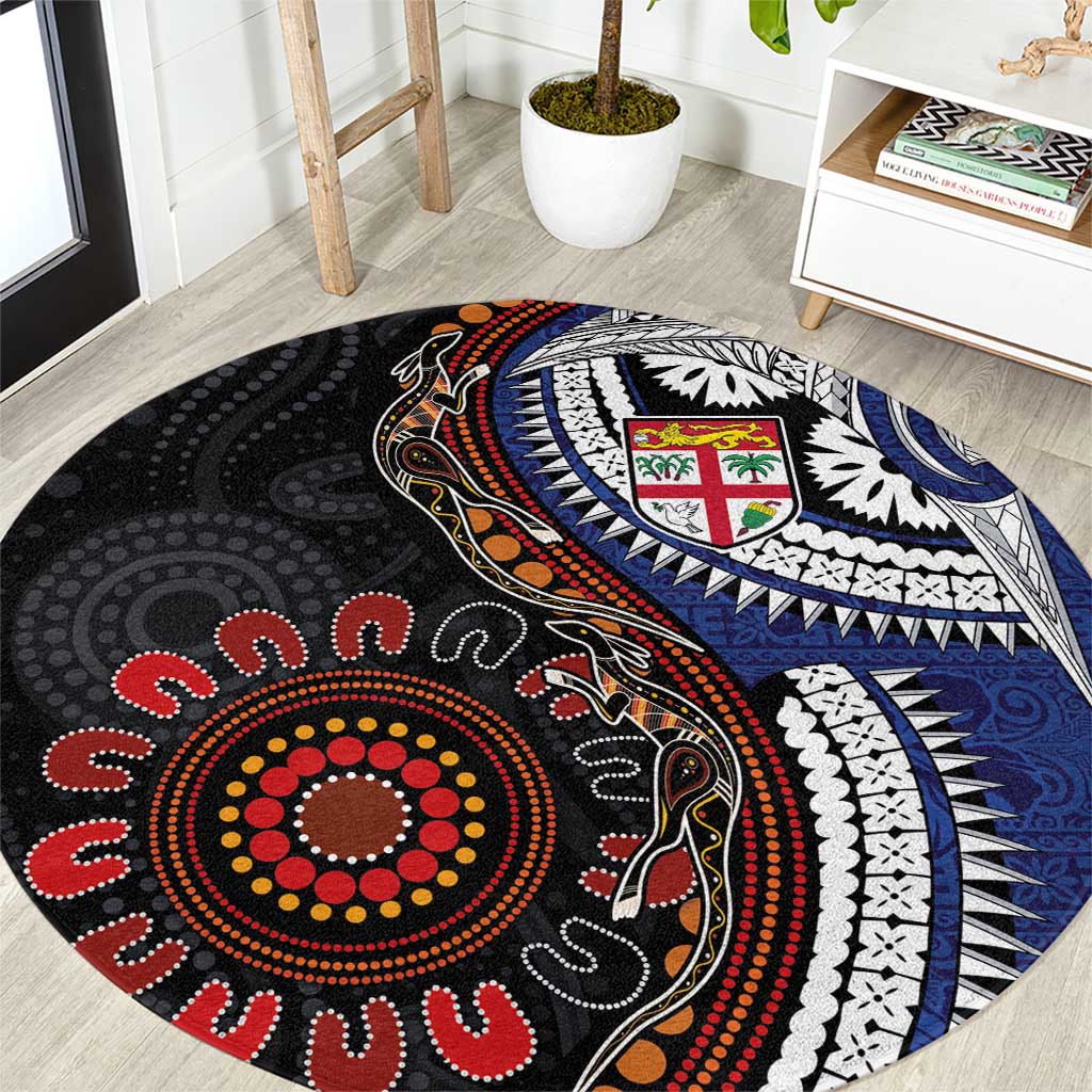 Fiji and Australia Together Round Carpet Kangaroo Aboriginal with Tribal Tapa Hibiscus Half Style - Aussie Hoodie