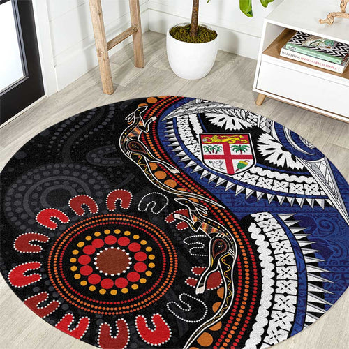 Fiji and Australia Together Round Carpet Kangaroo Aboriginal with Tribal Tapa Hibiscus Half Style - Aussie Hoodie