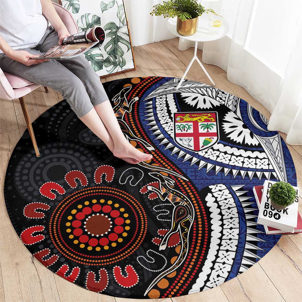 Fiji and Australia Together Round Carpet Kangaroo Aboriginal with Tribal Tapa Hibiscus Half Style - Aussie Hoodie