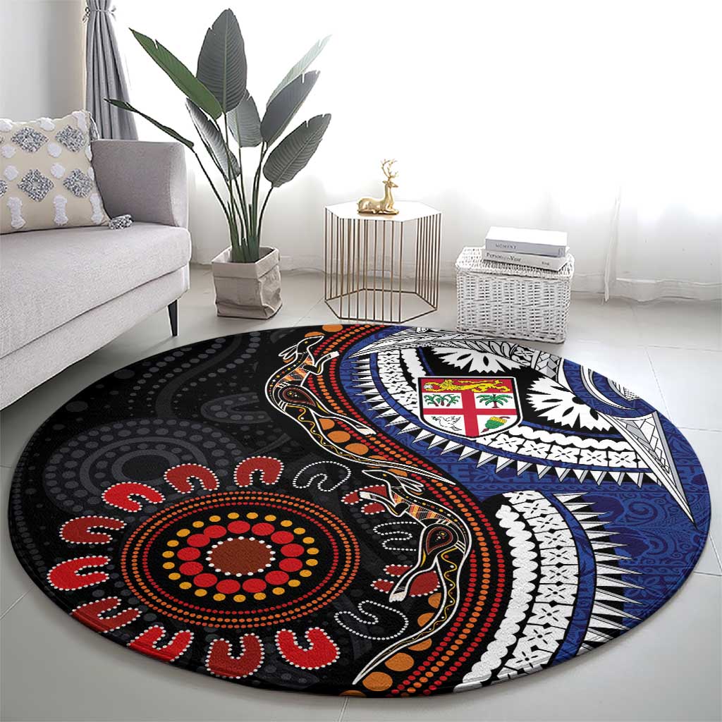 Fiji and Australia Together Round Carpet Kangaroo Aboriginal with Tribal Tapa Hibiscus Half Style - Aussie Hoodie