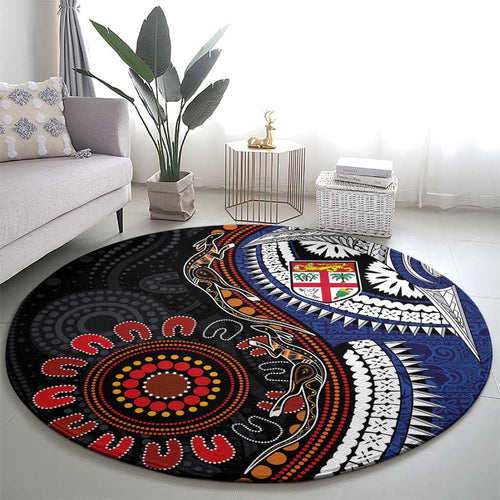 Fiji and Australia Together Round Carpet Kangaroo Aboriginal with Tribal Tapa Hibiscus Half Style - Aussie Hoodie