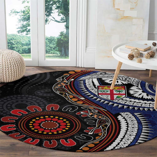 Fiji and Australia Together Round Carpet Kangaroo Aboriginal with Tribal Tapa Hibiscus Half Style - Aussie Hoodie