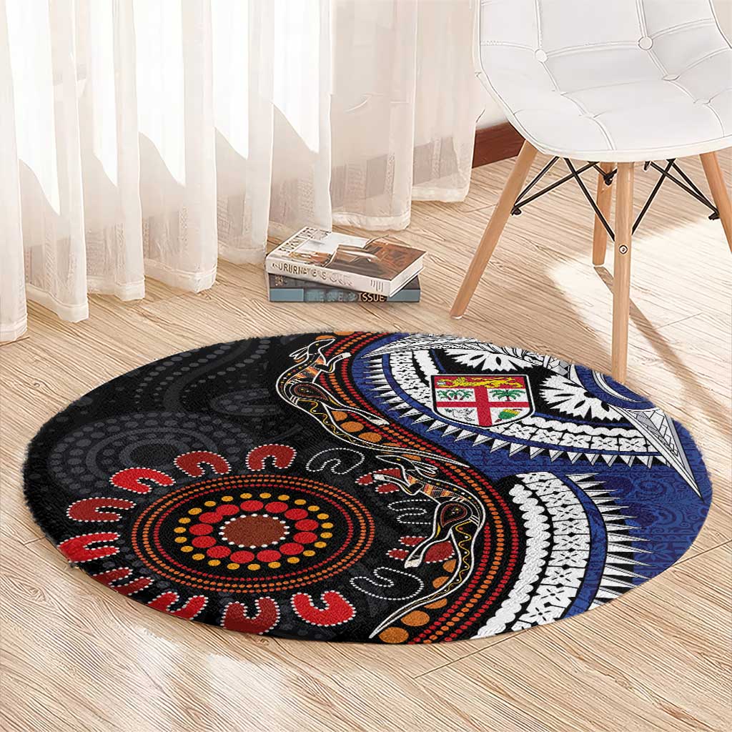Fiji and Australia Together Round Carpet Kangaroo Aboriginal with Tribal Tapa Hibiscus Half Style - Aussie Hoodie