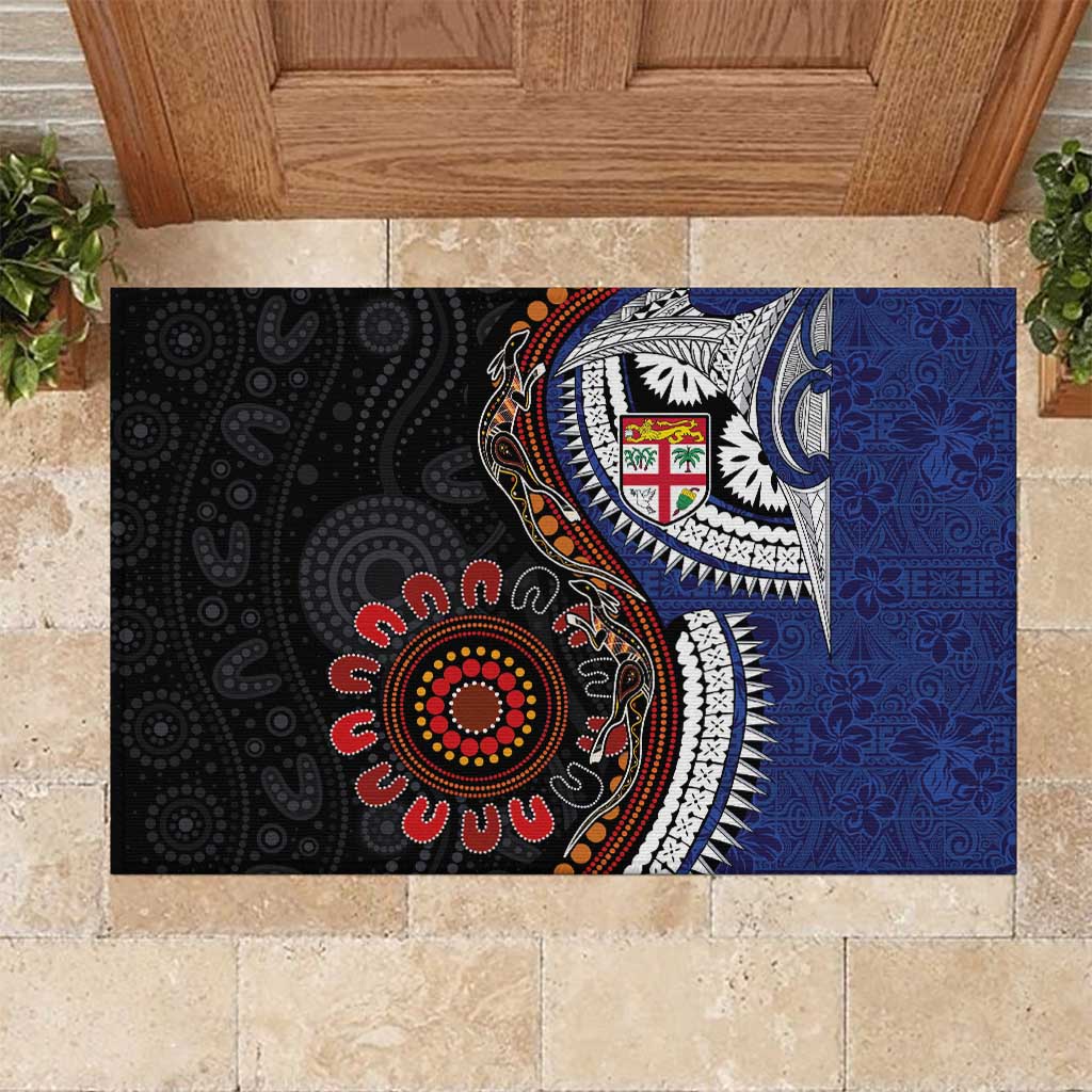 Fiji and Australia Together Rubber Doormat Kangaroo Aboriginal with Tribal Tapa Hibiscus Half Style - Aussie Hoodie