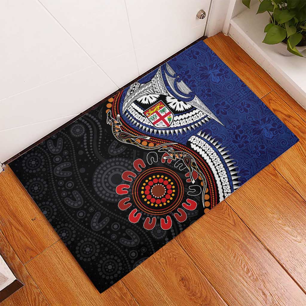 Fiji and Australia Together Rubber Doormat Kangaroo Aboriginal with Tribal Tapa Hibiscus Half Style - Aussie Hoodie