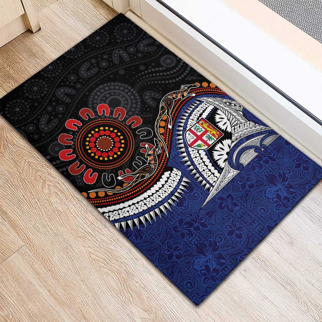 Fiji and Australia Together Rubber Doormat Kangaroo Aboriginal with Tribal Tapa Hibiscus Half Style - Aussie Hoodie