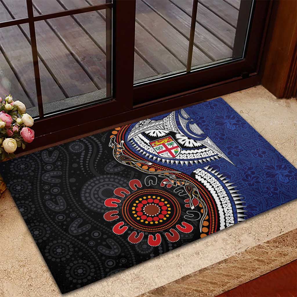 Fiji and Australia Together Rubber Doormat Kangaroo Aboriginal with Tribal Tapa Hibiscus Half Style - Aussie Hoodie