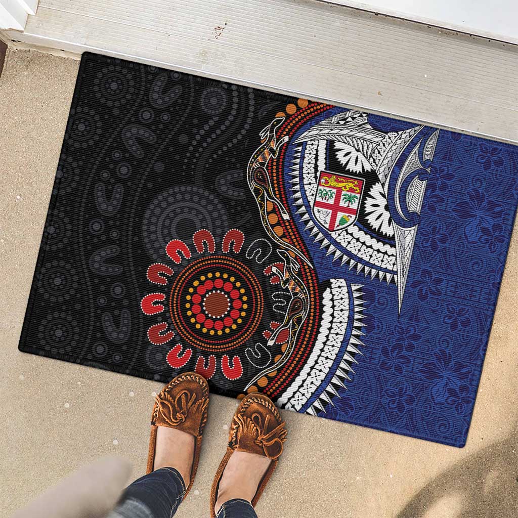 Fiji and Australia Together Rubber Doormat Kangaroo Aboriginal with Tribal Tapa Hibiscus Half Style - Aussie Hoodie