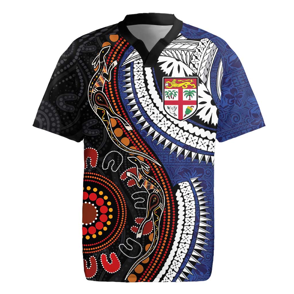 Fiji and Australia Together Rugby Jersey Kangaroo Aboriginal with Tribal Tapa Hibiscus Half Style - Aussie Hoodie