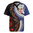 Fiji and Australia Together Rugby Jersey Kangaroo Aboriginal with Tribal Tapa Hibiscus Half Style - Aussie Hoodie
