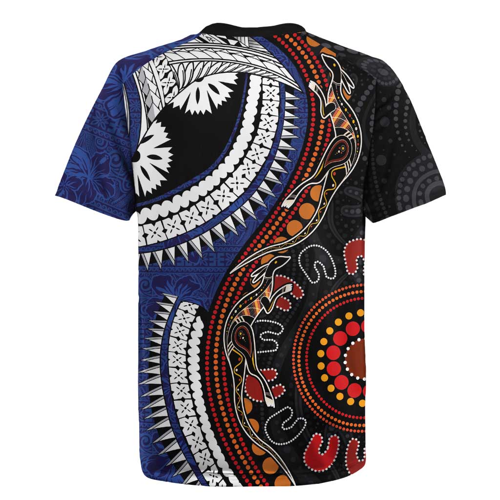 Fiji and Australia Together Rugby Jersey Kangaroo Aboriginal with Tribal Tapa Hibiscus Half Style - Aussie Hoodie