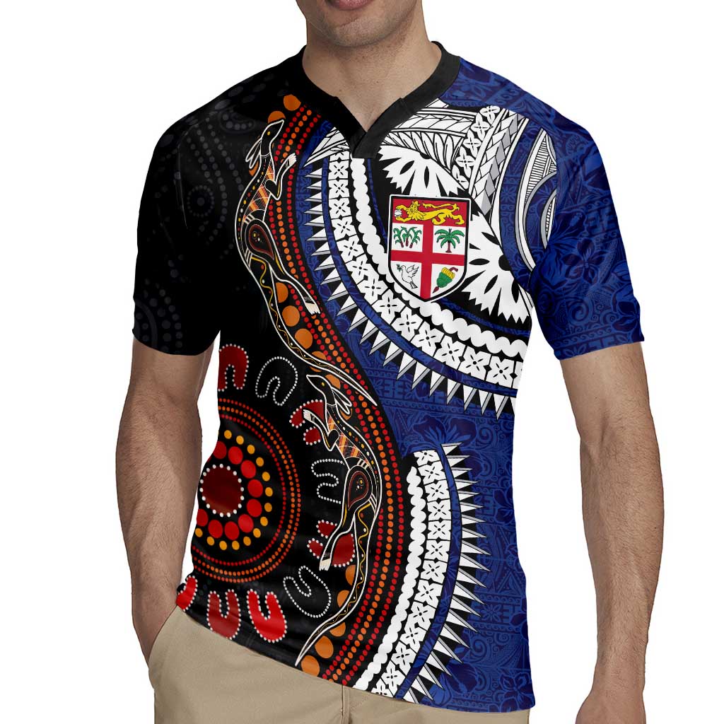 Fiji and Australia Together Rugby Jersey Kangaroo Aboriginal with Tribal Tapa Hibiscus Half Style - Aussie Hoodie