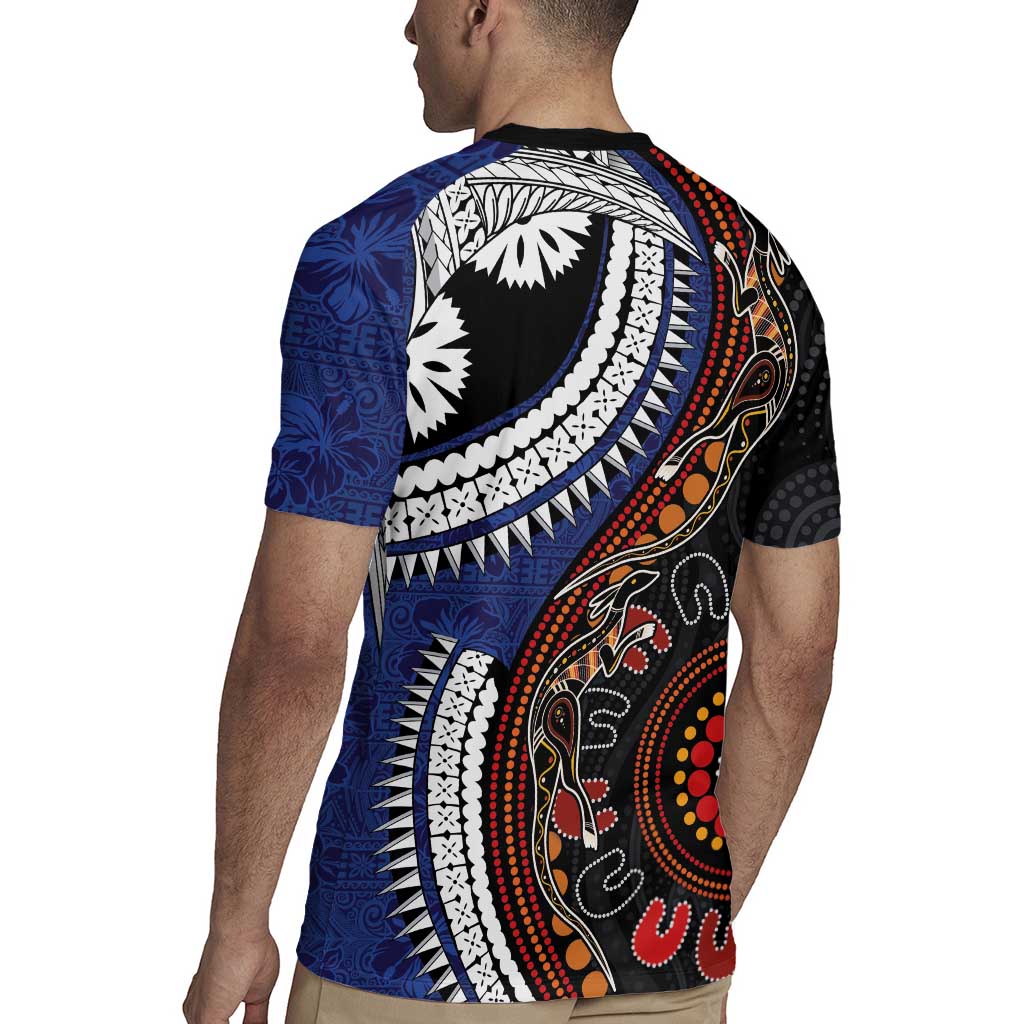 Fiji and Australia Together Rugby Jersey Kangaroo Aboriginal with Tribal Tapa Hibiscus Half Style - Aussie Hoodie