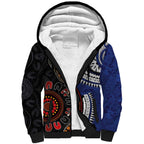 Fiji and Australia Together Sherpa Hoodie Kangaroo Aboriginal with Tribal Tapa Hibiscus Half Style - Aussie Hoodie