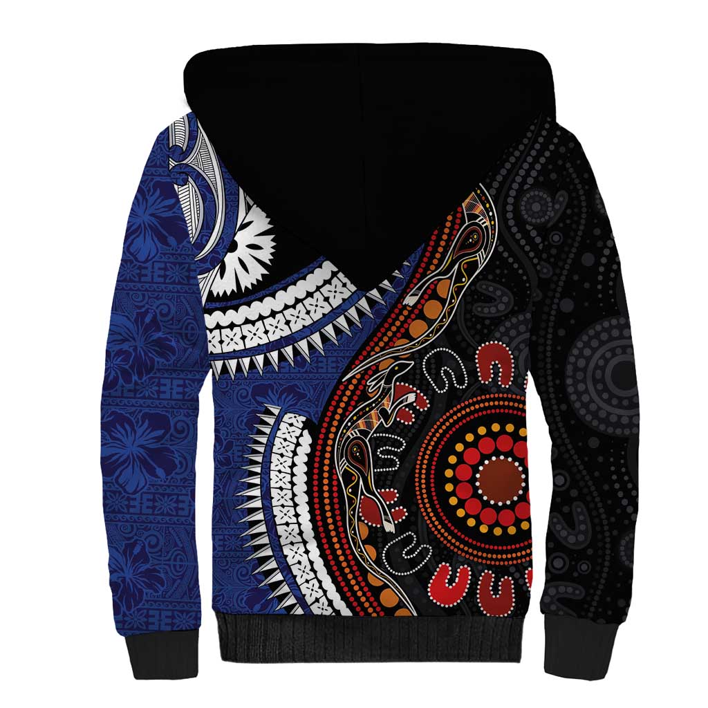 Fiji and Australia Together Sherpa Hoodie Kangaroo Aboriginal with Tribal Tapa Hibiscus Half Style - Aussie Hoodie
