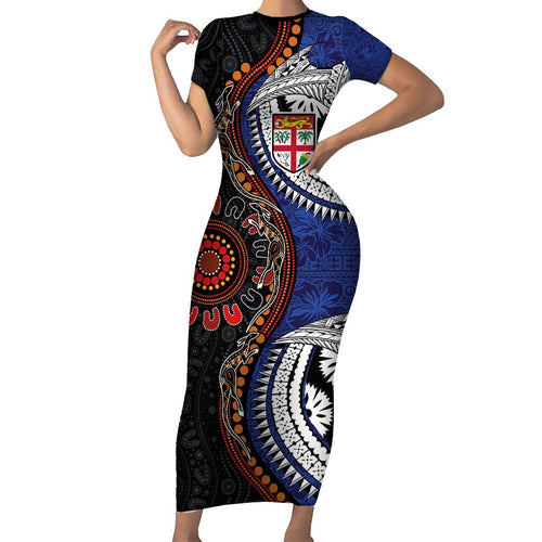 Fiji and Australia Together Short Sleeve Bodycon Dress Kangaroo Aboriginal with Tribal Tapa Hibiscus Half Style - Aussie Hoodie
