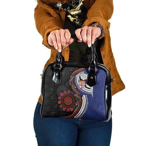 Fiji and Australia Together Shoulder Handbag Kangaroo Aboriginal with Tribal Tapa Hibiscus Half Style - Aussie Hoodie