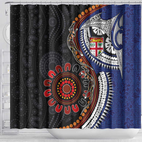 Fiji and Australia Together Shower Curtain Kangaroo Aboriginal with Tribal Tapa Hibiscus Half Style - Aussie Hoodie