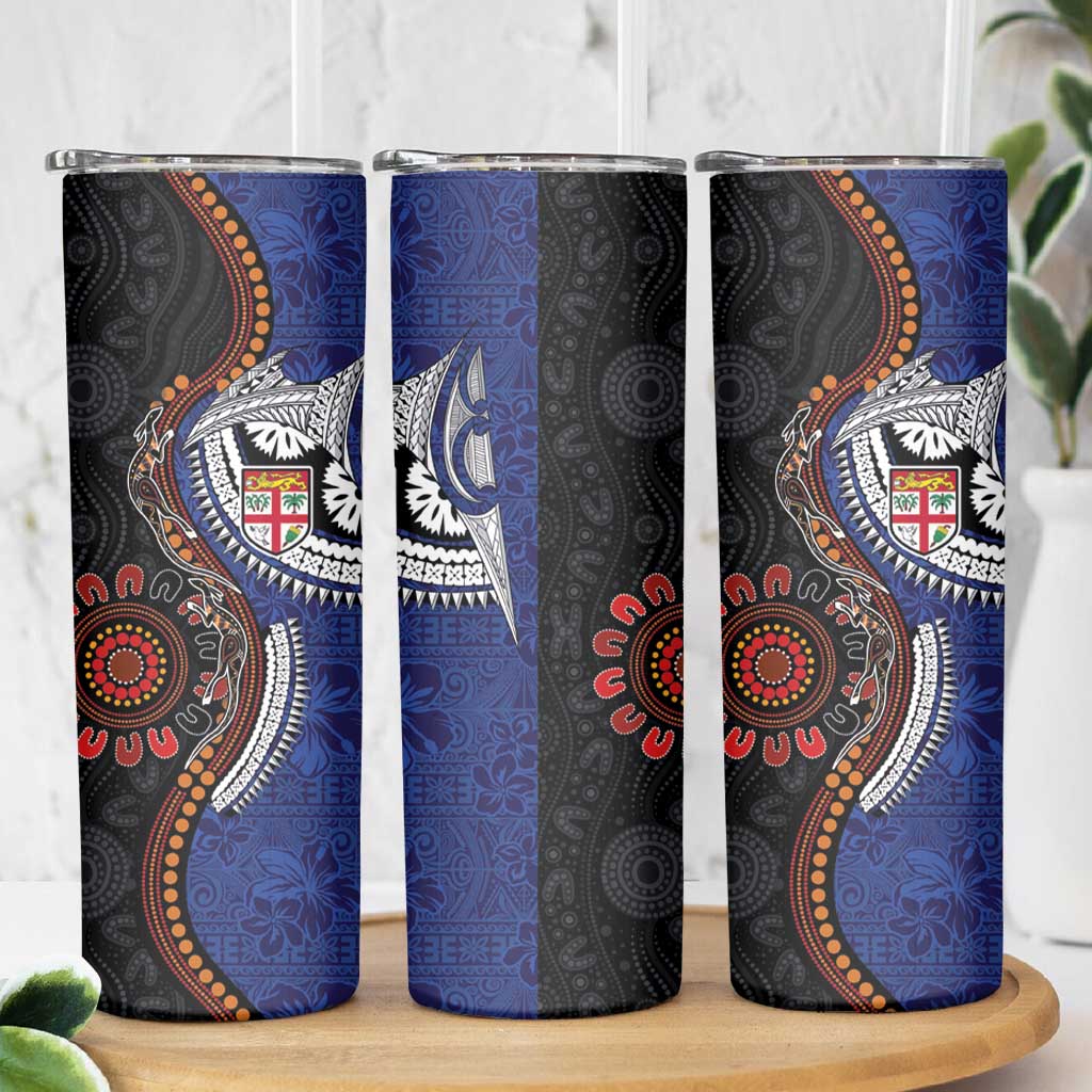 Fiji and Australia Together Skinny Tumbler Kangaroo Aboriginal with Tribal Tapa Hibiscus Half Style - Aussie Hoodie