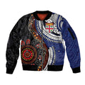 Fiji and Australia Together Sleeve Zip Bomber Jacket Kangaroo Aboriginal with Tribal Tapa Hibiscus Half Style - Aussie Hoodie
