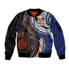 Fiji and Australia Together Sleeve Zip Bomber Jacket Kangaroo Aboriginal with Tribal Tapa Hibiscus Half Style - Aussie Hoodie