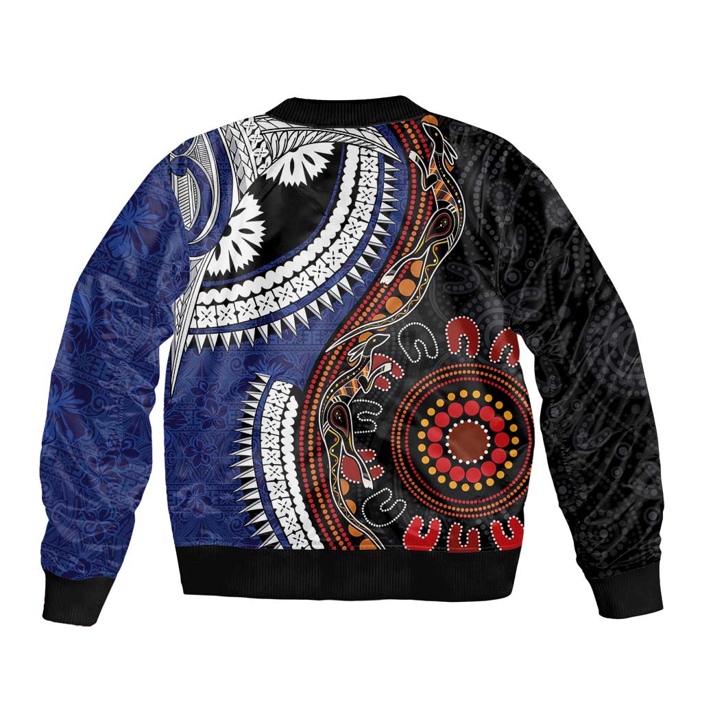 Fiji and Australia Together Sleeve Zip Bomber Jacket Kangaroo Aboriginal with Tribal Tapa Hibiscus Half Style - Aussie Hoodie