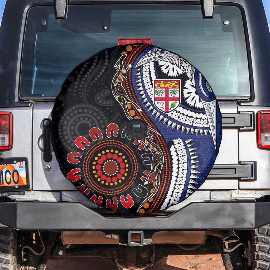 Fiji and Australia Together Spare Tire Cover Kangaroo Aboriginal with Tribal Tapa Hibiscus Half Style - Aussie Hoodie