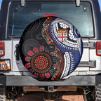 Fiji and Australia Together Spare Tire Cover Kangaroo Aboriginal with Tribal Tapa Hibiscus Half Style - Aussie Hoodie