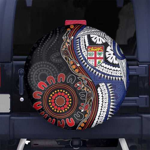 Fiji and Australia Together Spare Tire Cover Kangaroo Aboriginal with Tribal Tapa Hibiscus Half Style - Aussie Hoodie