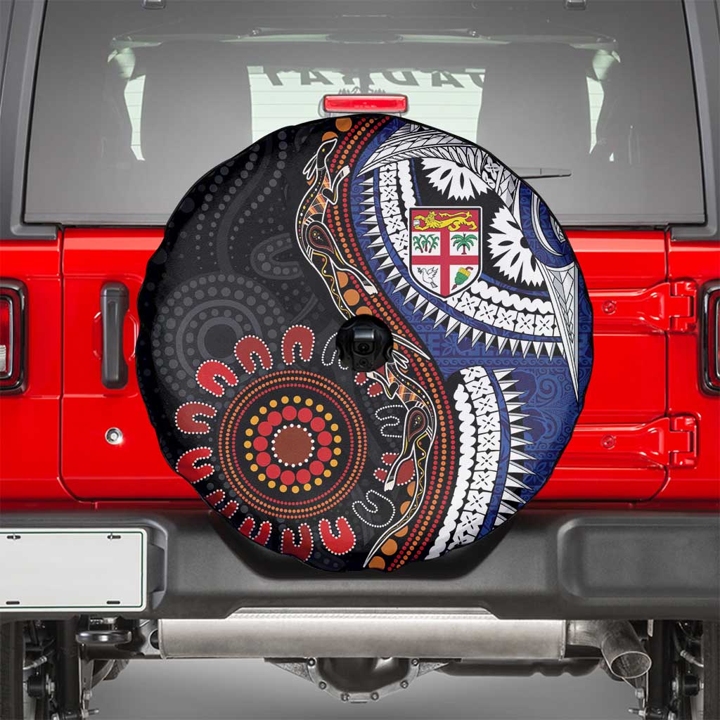 Fiji and Australia Together Spare Tire Cover Kangaroo Aboriginal with Tribal Tapa Hibiscus Half Style - Aussie Hoodie