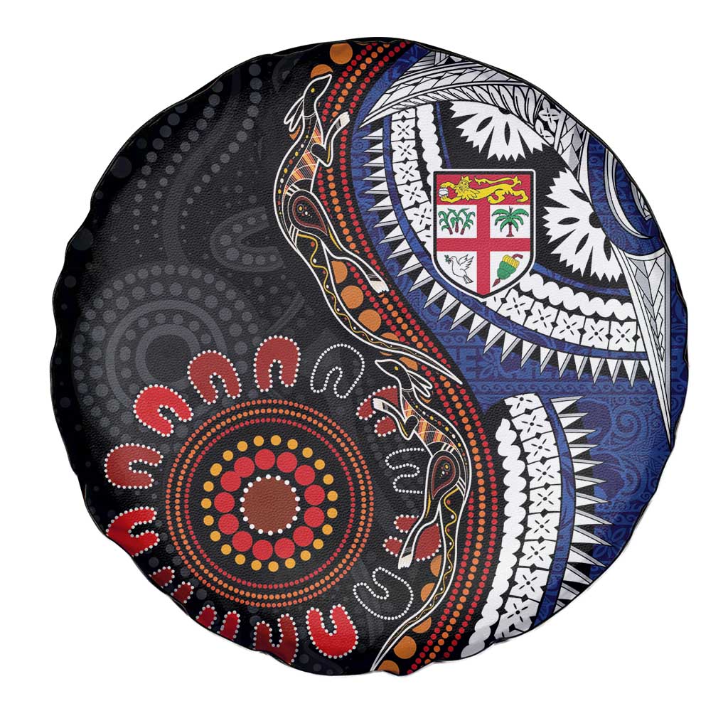 Fiji and Australia Together Spare Tire Cover Kangaroo Aboriginal with Tribal Tapa Hibiscus Half Style - Aussie Hoodie