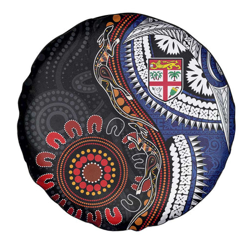 Fiji and Australia Together Spare Tire Cover Kangaroo Aboriginal with Tribal Tapa Hibiscus Half Style - Aussie Hoodie
