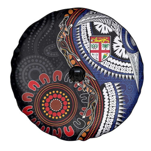 Fiji and Australia Together Spare Tire Cover Kangaroo Aboriginal with Tribal Tapa Hibiscus Half Style - Aussie Hoodie