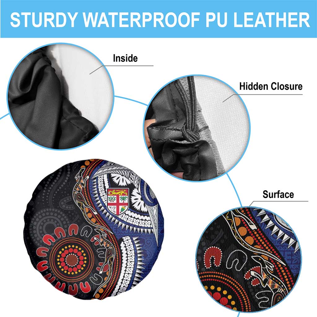 Fiji and Australia Together Spare Tire Cover Kangaroo Aboriginal with Tribal Tapa Hibiscus Half Style - Aussie Hoodie