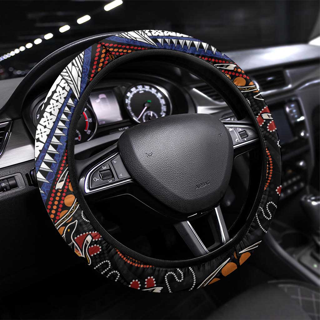 Fiji and Australia Together Steering Wheel Cover Kangaroo Aboriginal with Tribal Tapa Hibiscus Half Style - Aussie Hoodie