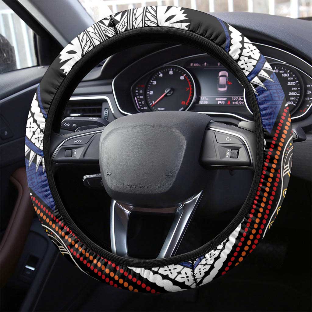 Fiji and Australia Together Steering Wheel Cover Kangaroo Aboriginal with Tribal Tapa Hibiscus Half Style - Aussie Hoodie