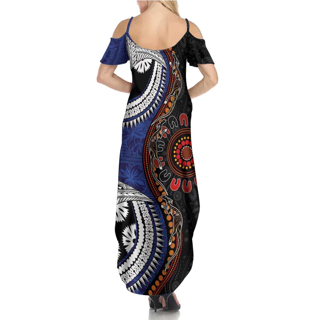 Fiji and Australia Together Summer Maxi Dress Kangaroo Aboriginal with Tribal Tapa Hibiscus Half Style - Aussie Hoodie