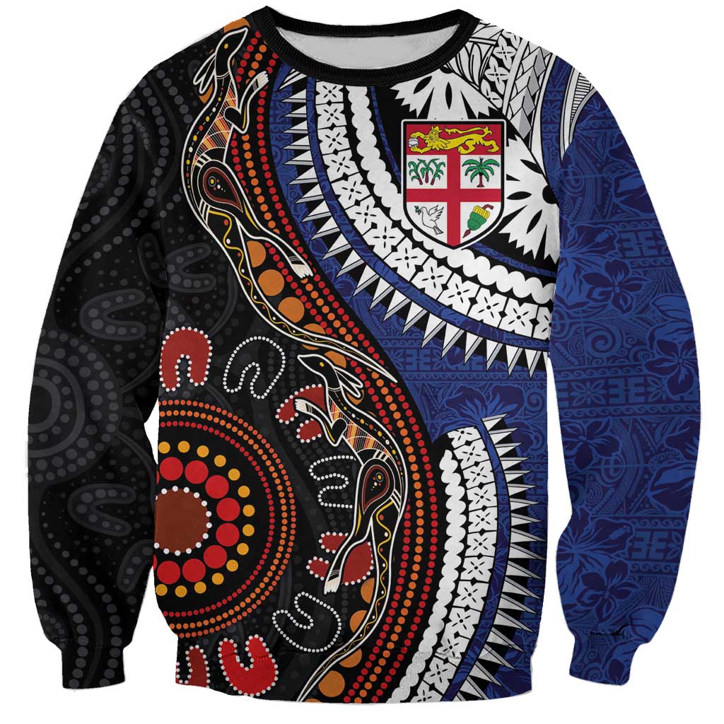 Fiji and Australia Together Sweatshirt Kangaroo Aboriginal with Tribal Tapa Hibiscus Half Style - Aussie Hoodie