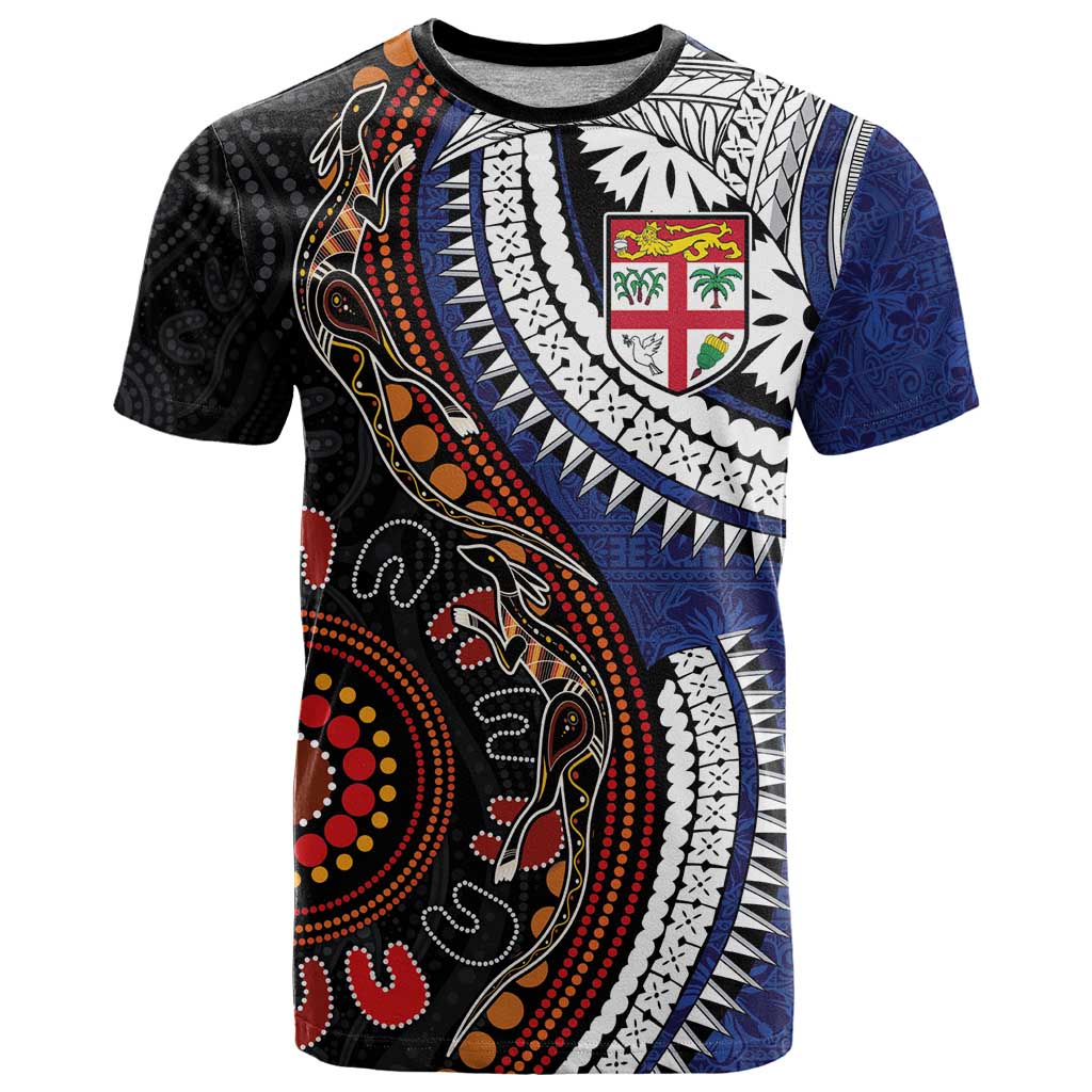 Fiji and Australia Together T Shirt Kangaroo Aboriginal with Tribal Tapa Hibiscus Half Style - Aussie Hoodie
