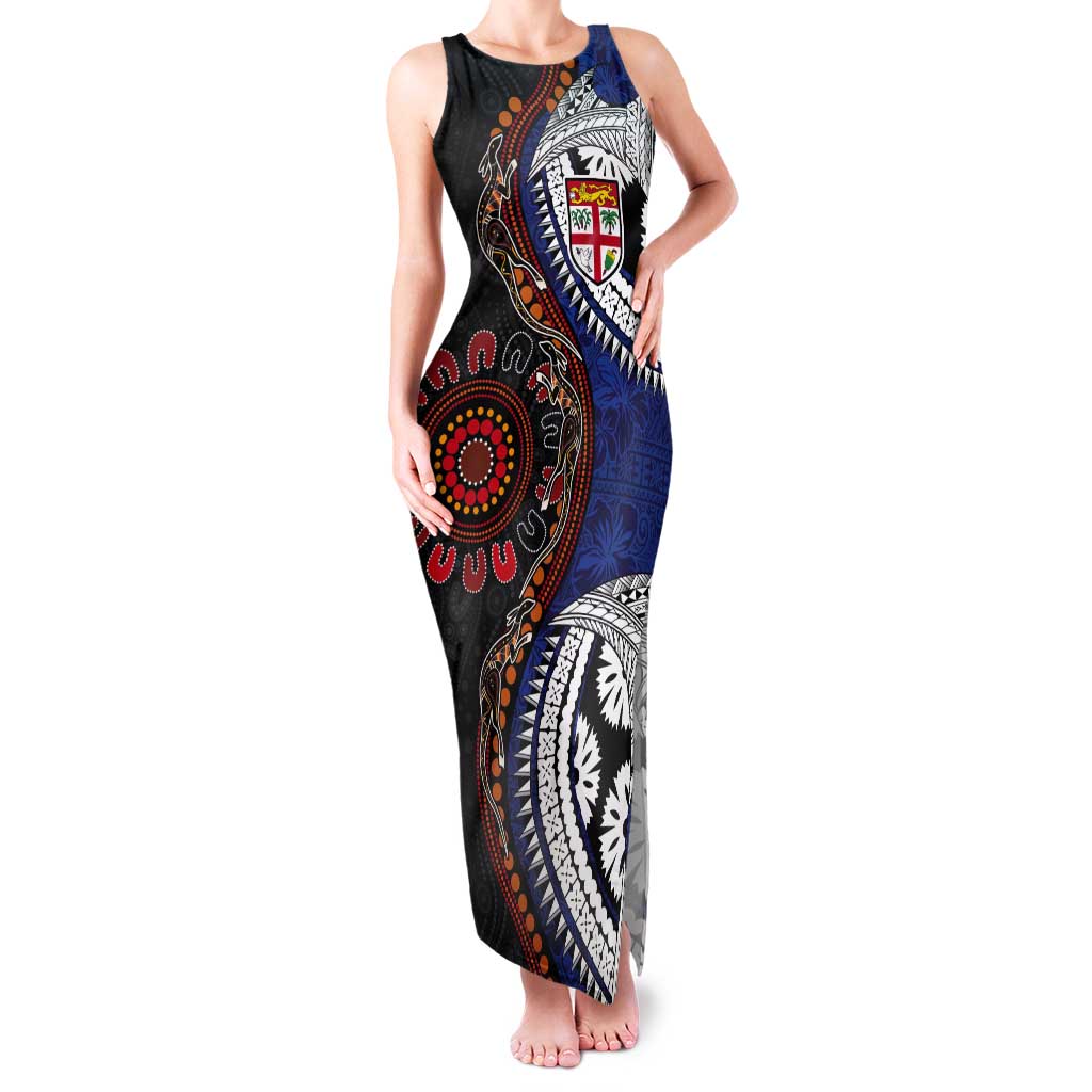 Fiji and Australia Together Tank Maxi Dress Kangaroo Aboriginal with Tribal Tapa Hibiscus Half Style - Aussie Hoodie