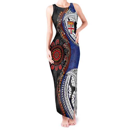 Fiji and Australia Together Tank Maxi Dress Kangaroo Aboriginal with Tribal Tapa Hibiscus Half Style - Aussie Hoodie