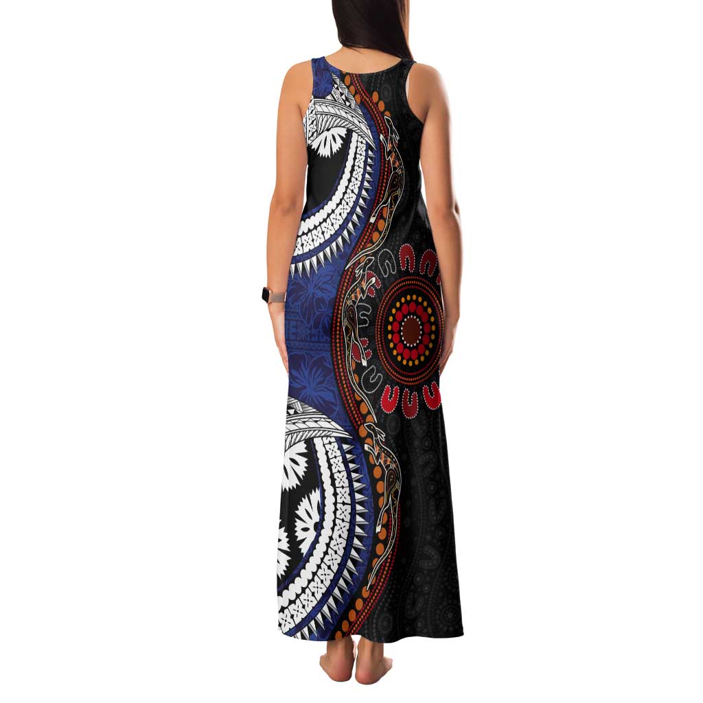 Fiji and Australia Together Tank Maxi Dress Kangaroo Aboriginal with Tribal Tapa Hibiscus Half Style - Aussie Hoodie