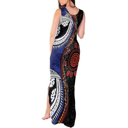 Fiji and Australia Together Tank Maxi Dress Kangaroo Aboriginal with Tribal Tapa Hibiscus Half Style - Aussie Hoodie