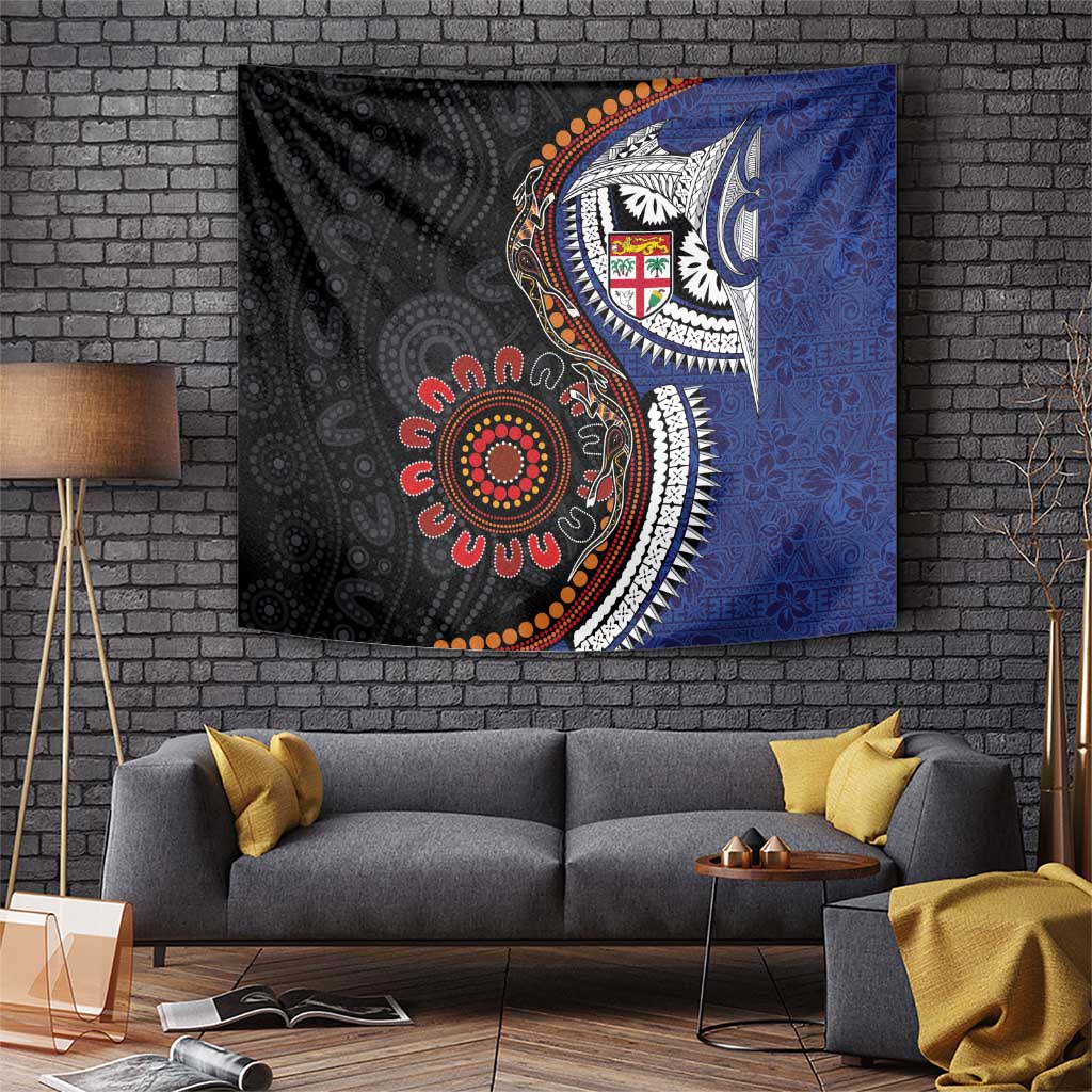 Fiji and Australia Together Tapestry Kangaroo Aboriginal with Tribal Tapa Hibiscus Half Style - Aussie Hoodie