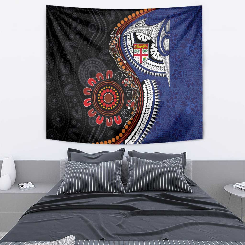 Fiji and Australia Together Tapestry Kangaroo Aboriginal with Tribal Tapa Hibiscus Half Style - Aussie Hoodie